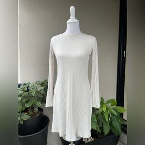 🌿 Zara Ribbed Knit Long Sleeve Fit and Flare Mini Dress in Gray/ Stone col…